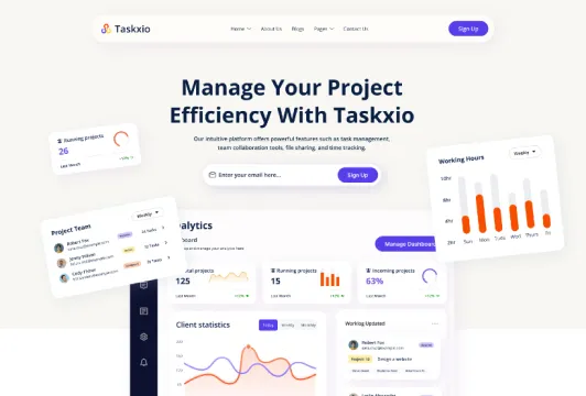 Taskxio board showing projects, tasks and team activity